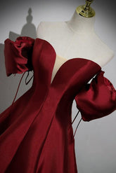 A Line Prom Dress Puff Sleeves Satin Burgundy Long Formal Evening Dress